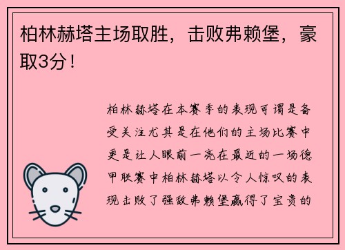 柏林赫塔主场取胜，击败弗赖堡，豪取3分！